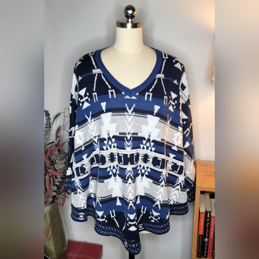 Democracy Poncho Sweater Blue Knit Size Medium